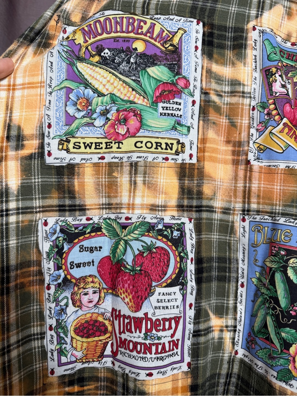 Up-cycled Plaid Flannel Shirt with Vintage Garden Graphic Patch Back - Picture 6 of 10